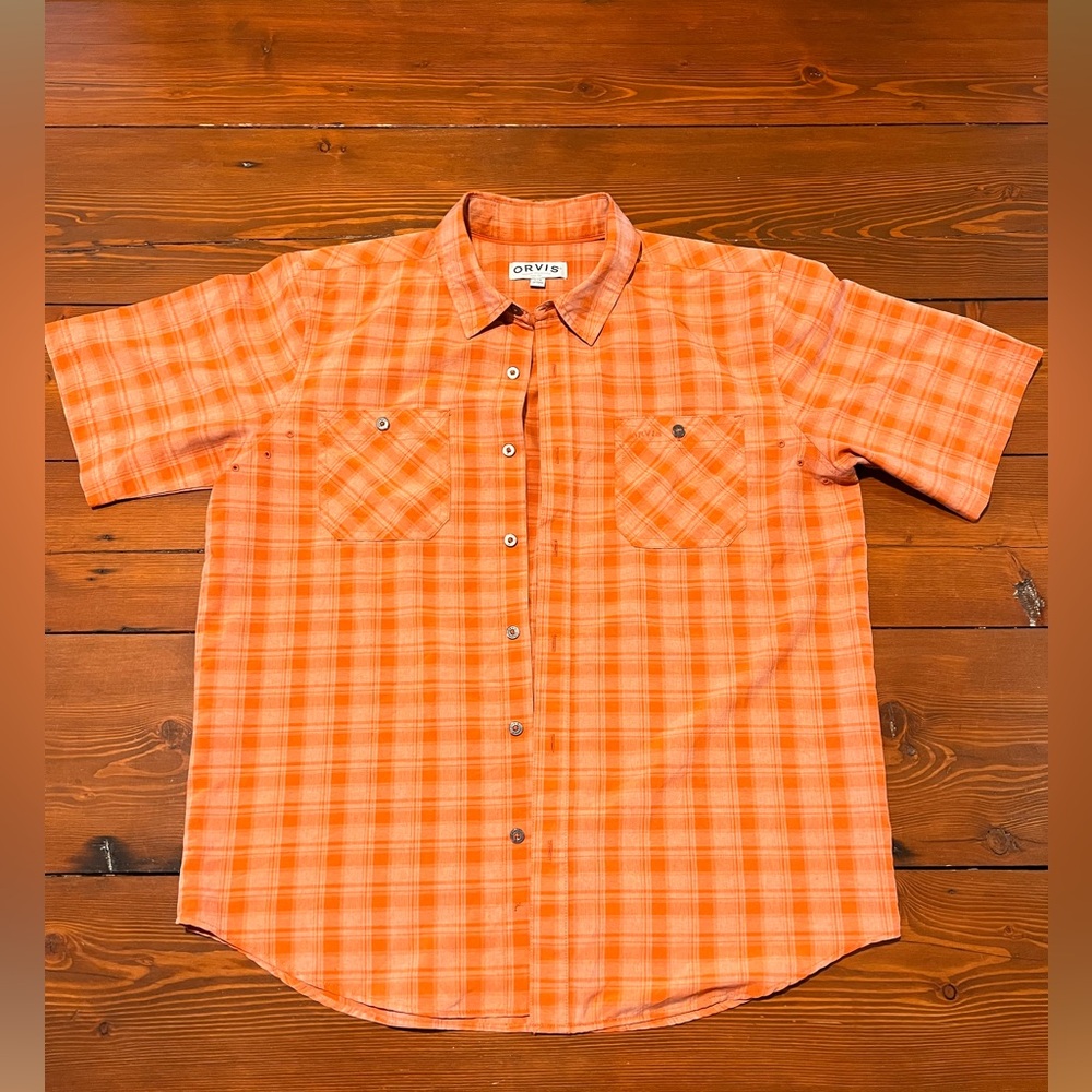 Orvis Outdoor Button Up Shirt - Orange Plaid - Size Large